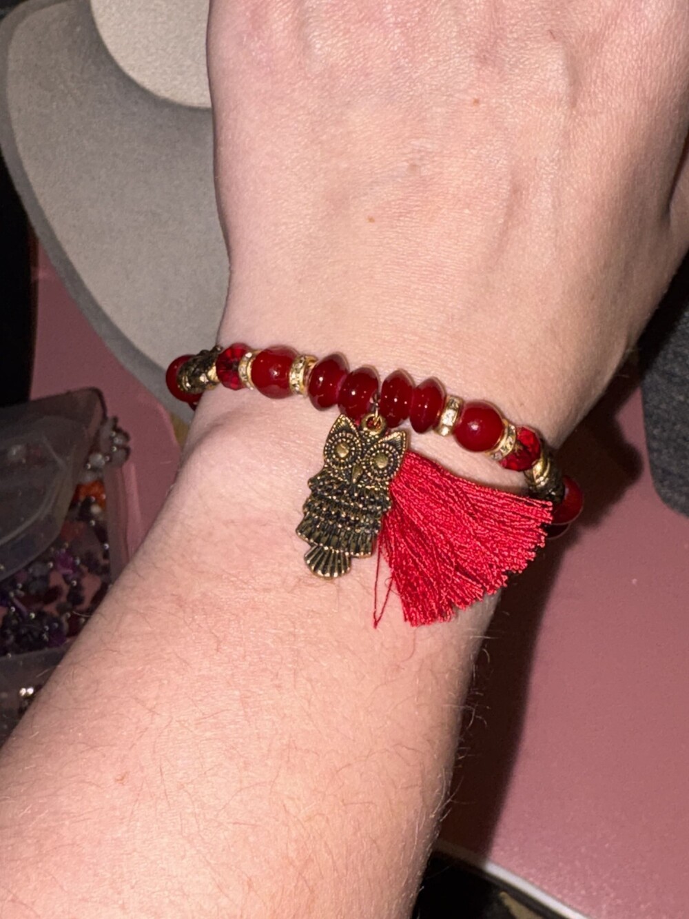 Red Beaded Bracelet with Gold-Tone Owl Charm and Red Tassel